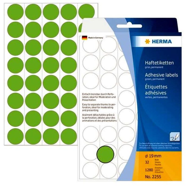 Herma 2255 runde selvklbende etiketter p ark - 19 mm<br>1280 perm. grnne etiketter