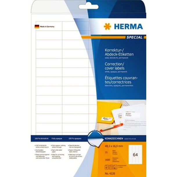 Herma etiketter - hvide p A4<br>48,3mmx16,9mm - 1600 etiketter<br>Uigennemsigtig permanent klb