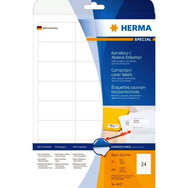 Herma etiketter - hvide p A4<br>64,6mmx33,8mm - 600 etiketter<br>Uigennemsigtig permanent klb