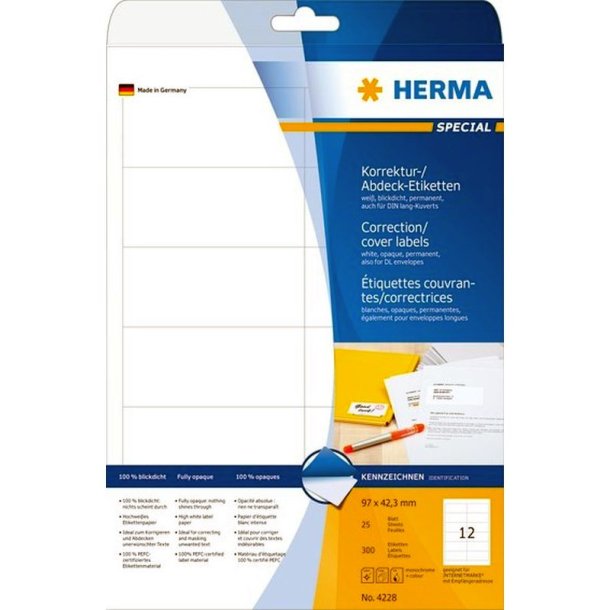 Herma etiketter - hvide p A4<br>96,5mmx42,3mm - 300 etiketter<br>Uigennemsigtig permanent klb