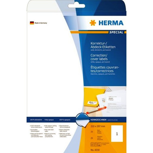 Herma etiketter - hvide p A4<br>210,0mmx297,0mm - 25 etiketter<br>Uigennemsigtig permanent klb