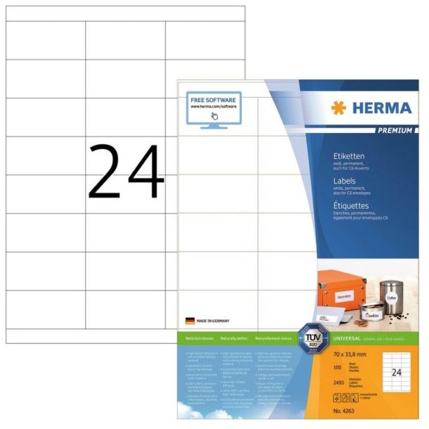 Herma etiketter - hvide p A4<br>70,0mmx33,8mm - 2400 etiketter<br>Premium permanent klb