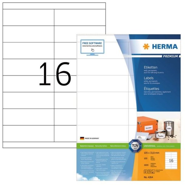 Herma etiketter - hvide p A4<br>105,0mmx33,8mm - 1600 etiketter<br>Premium permanent klb