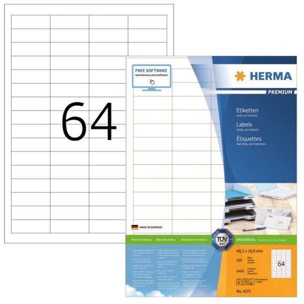 Herma etiketter - hvide p A4<br>48,3mmx16,9mm - 6400 etiketter<br>Premium permanent klb