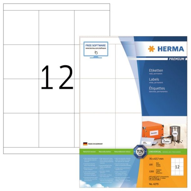 Herma etiketter - hvide p A4<br>70,0mmx67,7mm - 1200 etiketter<br>Premium permanent klb