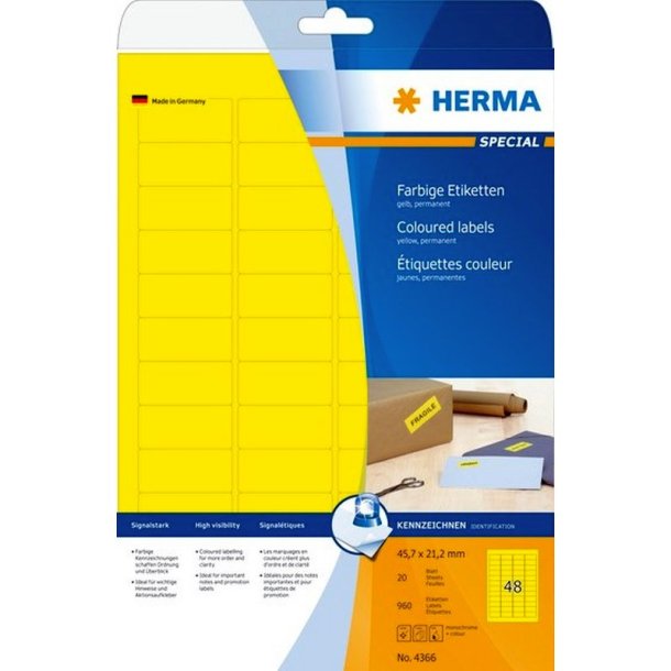 Herma selvklbende farvede etiketter p A4 ark - 45,7mmx21,2mm<br>960 aftagelige gule etiketter