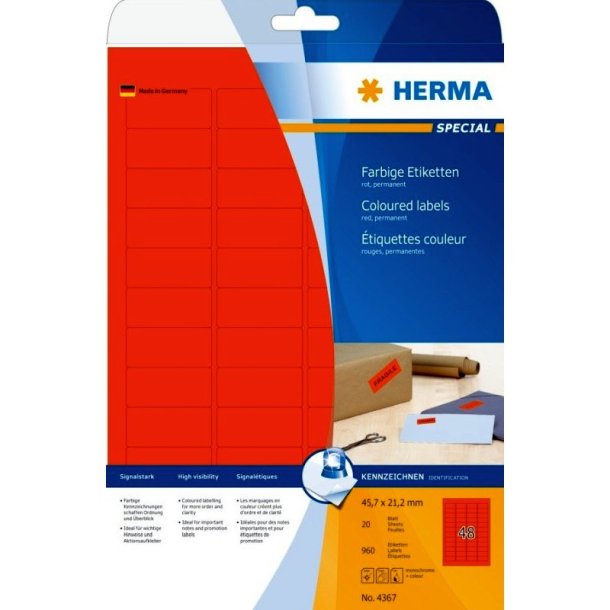 Herma selvklbende farvede etiketter p A4 ark - 45,7mmx21,2mm<br>960 aftagelige rde etiketter