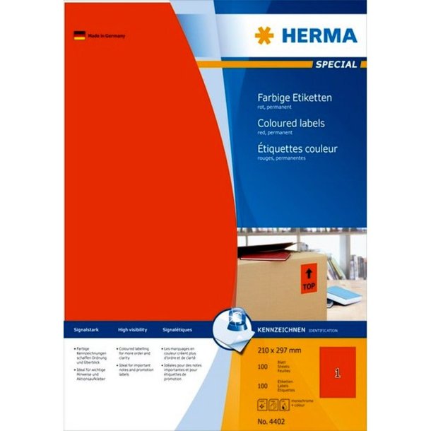 Herma selvklbende farvede etiketter p A4 ark - 210mmx297mm<br>100 perm. rde etiketter