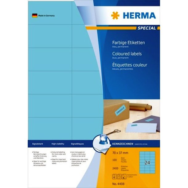 Herma selvklbende farvede etiketter p A4 ark - 70mmx37mm<br>2400 perm. bl etiketter