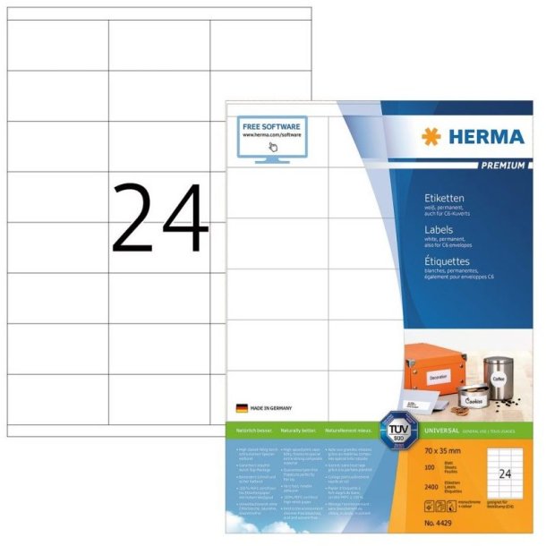 Herma etiketter - hvide p A4<br>70,0mmx35,0mm - 2400 etiketter<br>Premium permanent klb