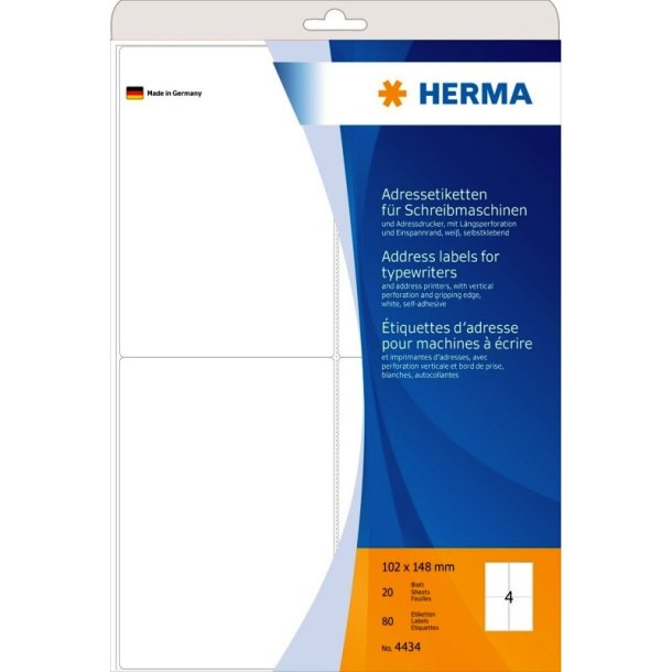 Herma adresseetiketter - hvide p A4 ark<br>102,0mmx148,0mm - 80 etiketter<br>Permanent klbende