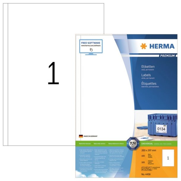 Herma etiketter - hvide p A4<br>200mmx297,0mm - 100 etiketter<br>Premium permanent klb