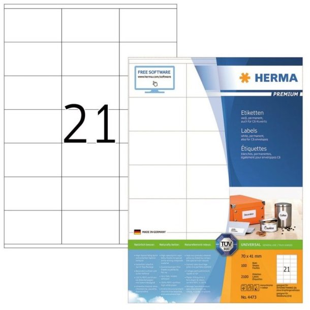 Herma etiketter - hvide p A4<br>70,0mmx41,0mm - 2100 etiketter<br>Premium permanent klb