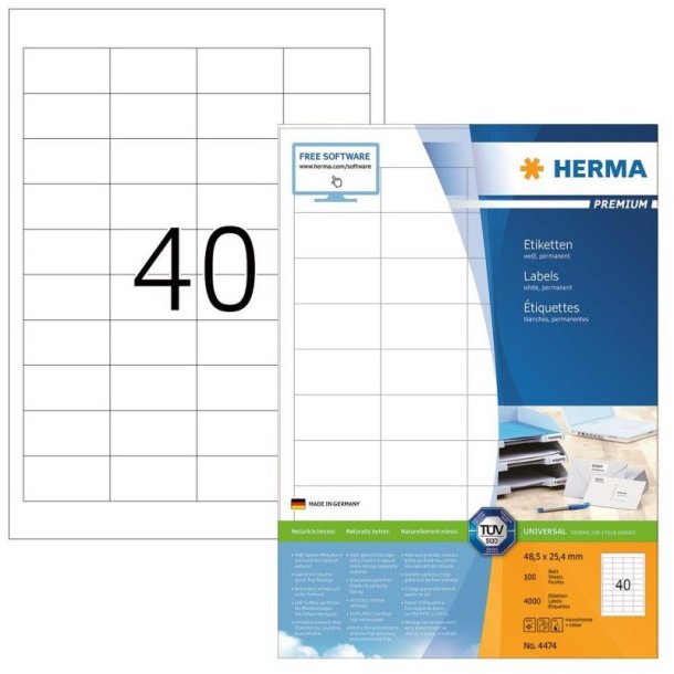 Herma etiketter - hvide p A4<br>48,5mmx25,4mm - 4000 etiketter<br>Premium permanent klb