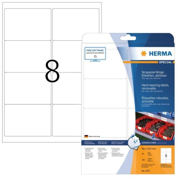 Herma etiketter - hvide p A4<br>99,1mmx67,7mm - 160 etiketter<br>Flytbare/aftagelige vandafvisende