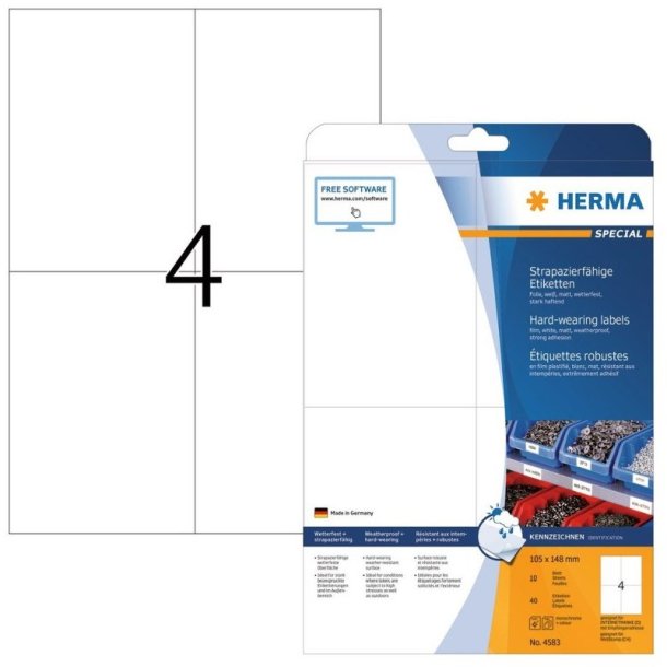 Herma etiketter - hvide p A4<br>105,0mmx148,0mm - 40 etiketter<br>ekstra strk folielabels