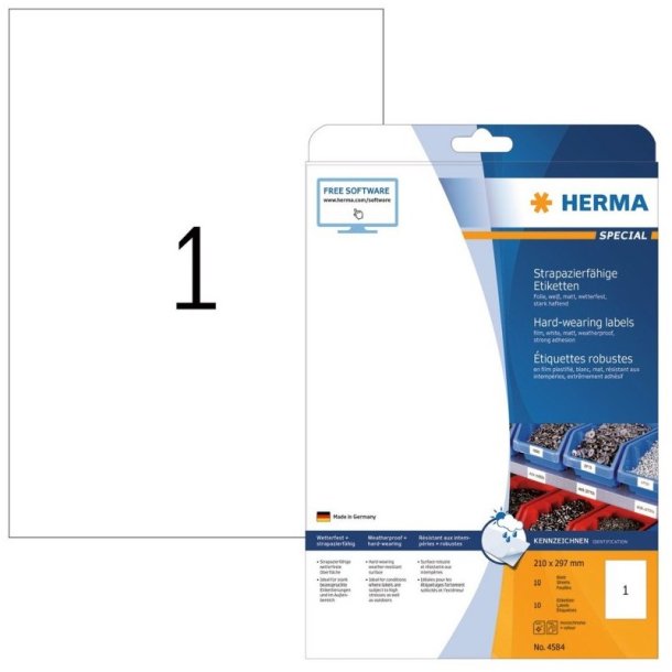 Herma etiketter - hvide p A4<br>210,0mmx297,0mm - 10 etiketter<br>ekstra strk folielabels