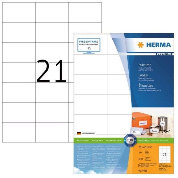 Herma etiketter - hvide p A4<br>70,0mmx42,3mm - 2100 etiketter<br>Premium permanent klb