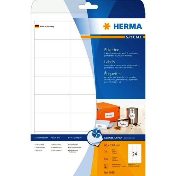 Herma etiketter - hvide p A4<br>66,0mmx33,8mm - 600 etiketter<br>Coated fotopapir