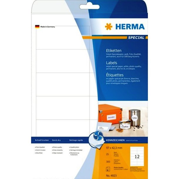 Herma etiketter - hvide p A4<br>96,5mmx42,3mm - 300 etiketter<br>Coated fotopapir