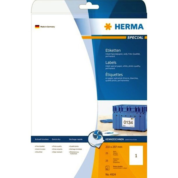 Herma etiketter - hvide p A4<br>210,0mmx297,0mm - 25 etiketter<br>Coated fotopapir