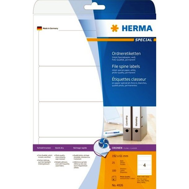 Herma etiketter - hvide p A4<br>192,0mmx61,0mm - 100 etiketter<br>rygetiket bredde ringbind