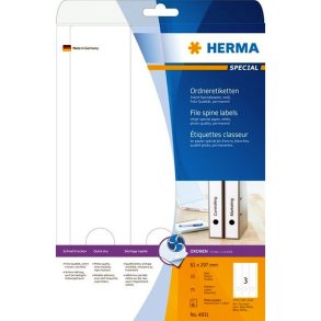 Herma etiketter - hvide p A4 - 61,0mmx297,0mm - 75 etiketter - rygetiket bredde ringbind