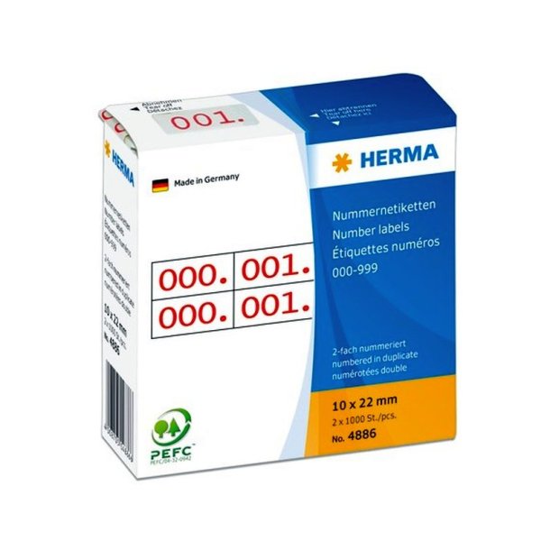 Herma tal - 0-999 - dobbeltrulle - selvklbende - 10x22mm - rd - i alt 2x1000 stk.