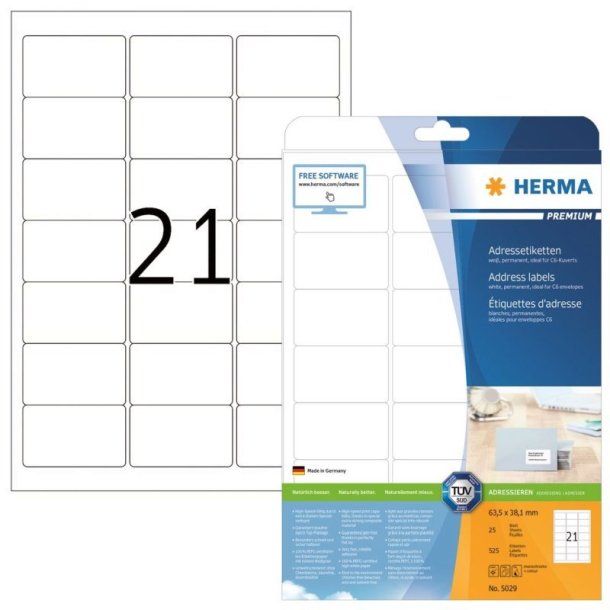 Herma etiketter - hvide p A4<br>63,5mmx38,1mm - 525 etiketter<br>Premium permanent klb