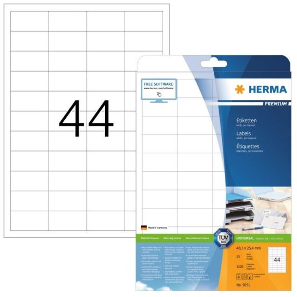 Herma etiketter - hvide p A4<br>48,3mmx25,4mm - 1100 etiketter<br>Premium permanent klb