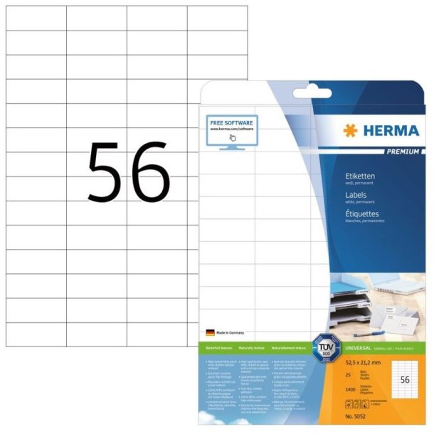 Herma etiketter - hvide p A4<br>52,5mmx21,2mm - 1400 etiketter<br>Premium permanent klb