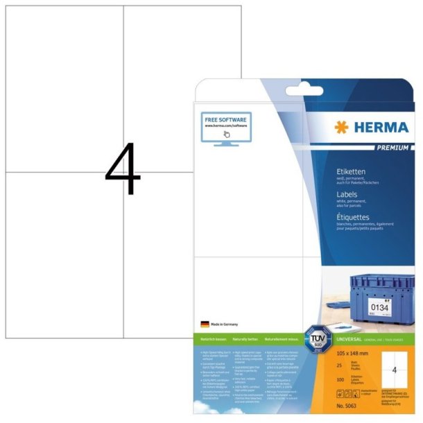 Herma etiketter - hvide p A4<br>105,0mmx148,5mm - 100 etiketter<br>Premium permanent klb