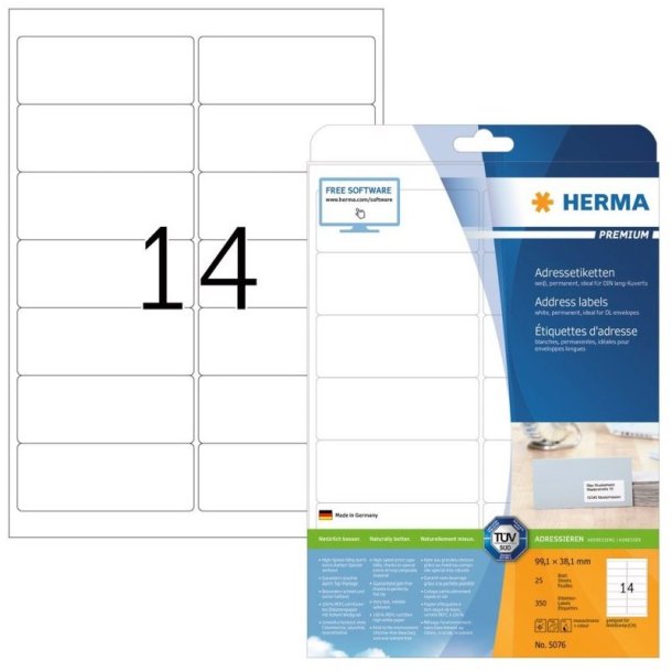 Herma etiketter - hvide p A4<br>99,1mmx38,1mm - 350 etiketter<br>Premium permanent klb