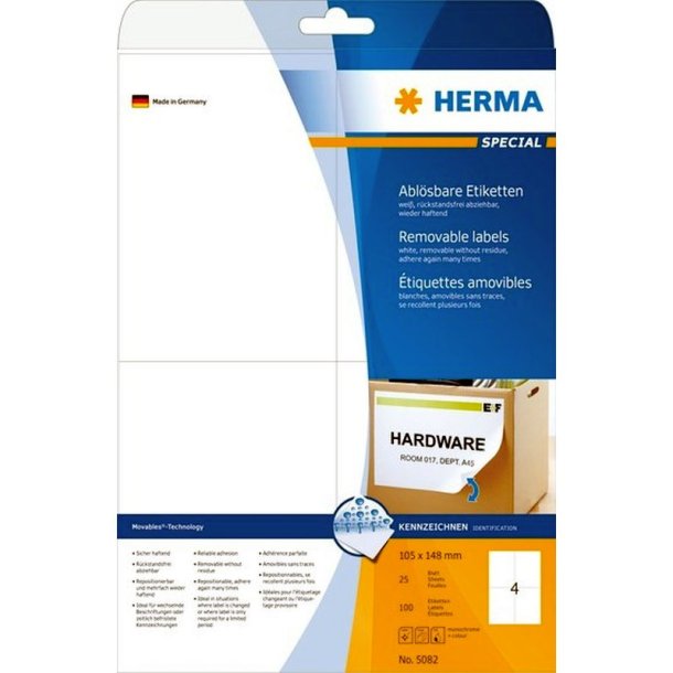 Herma etiketter - hvide p A4<br>105,0mmx148,0mm - 100 etiketter<br>aftagelige og flytbare