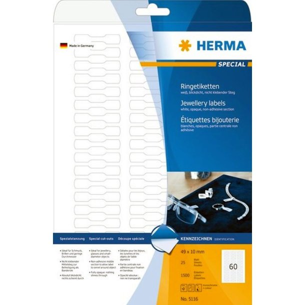 Herma smykkeetiketter - hvide p A4 ark<br>49,0mmx10,0mm - 1500 etiketter<br>strk klbende