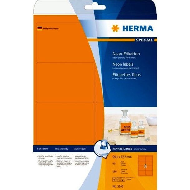 Herma etiketter - neon orange p A4<br>99,1mmx67,7mm - 160 etiketter<br>Permanent klbende