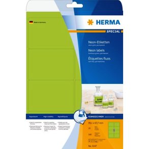 Herma selvklbende farvede etiketter p A4 ark - 99,1mmx67,7mm - 160 perm. neon grnne etiketter