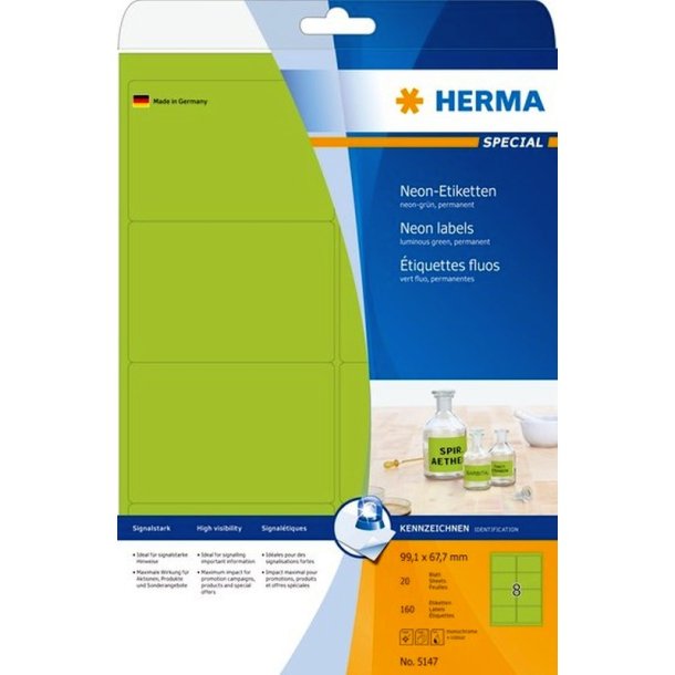 Herma selvklbende farvede etiketter p A4 ark - 99,1mmx67,7mm<br>160 perm. neon grnne etiketter