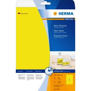 Herma selvklbende farvede etiketter p A4 ark - 210mmx297mm - 20 perm. neon gule etiketter