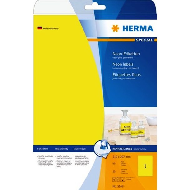 Herma selvklbende farvede etiketter p A4 ark - 210mmx297mm<br>20 perm. neon gule etiketter