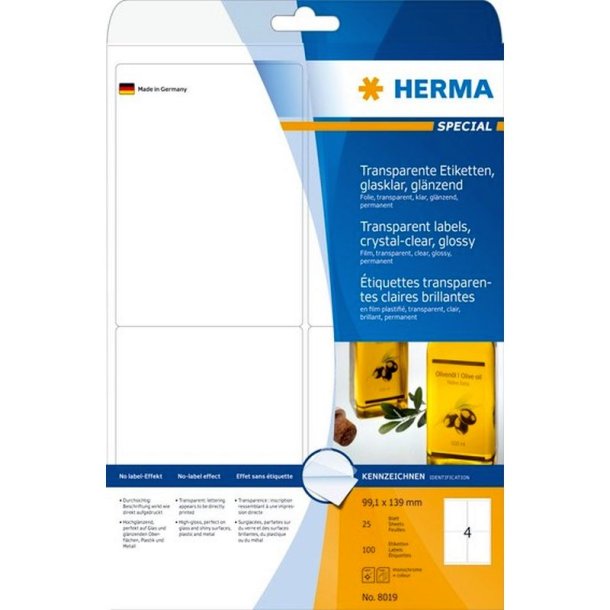 Herma etiketter - transparent p A4<br>99,1mmx139mm - 100 etiketter<br>ekstra strk folielabels