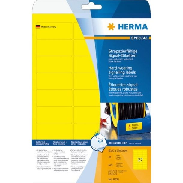 Herma farvede etiketter p A4 ark - 63,5mmx29,6mm<br>675 vejrbestandige gule etiketter