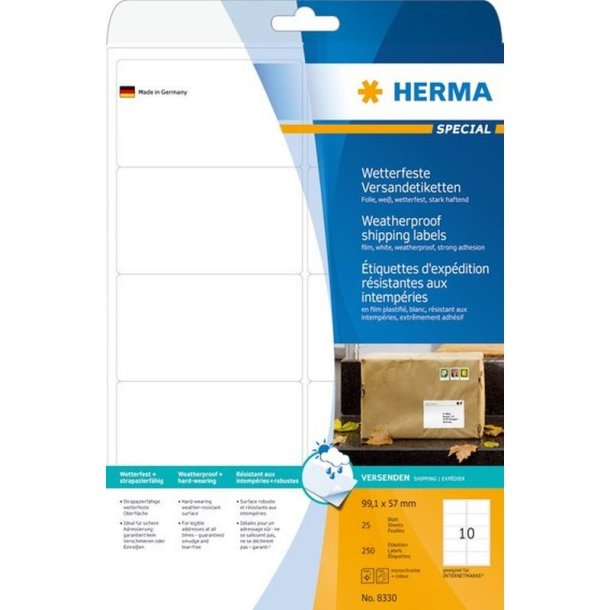 Herma adresseetiketter - hvide p A4 ark<br>99,1mmx57,0mm - 250 etiketter<br>Permanent ekstra strk