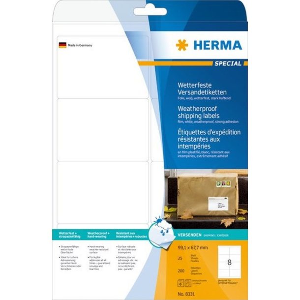 Herma adresseetiketter - hvide p A4 ark<br>99,1mmx67,7mm - 200 etiketter<br>Permanent ekstra strk