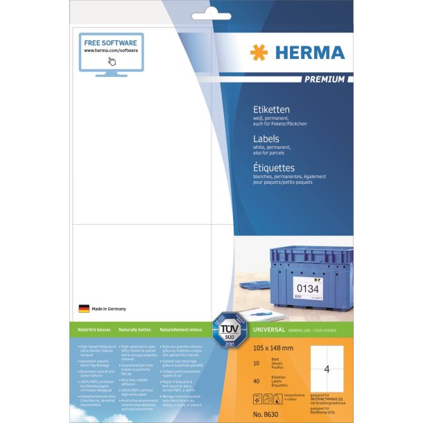 Herma etiketter - hvide p A4 - 105,0mmx148,0mm - 40 etiketter - Premium permanent klb