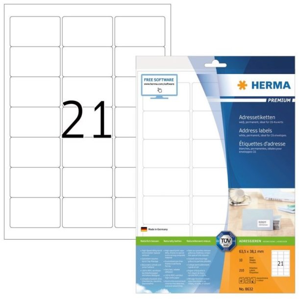 Herma etiketter - hvide p A4<br>63,5mmx38,1mm - 210 etiketter<br>Premium permanent klb