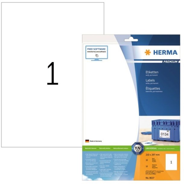 Herma etiketter - hvide p A4<br>210,0mmx297,0mm - 10 etiketter<br>Premium permanent klb