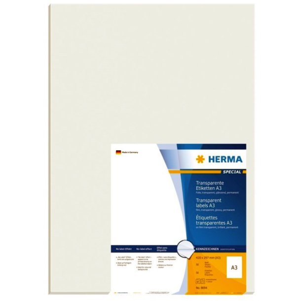 Herma etiketter - transparent p A3<br>297,0mmx420,0mm - 50 etiketter<br>permanente folielabels