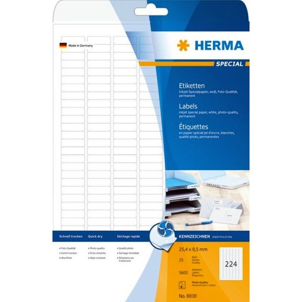 Herma etiketter - hvide p A4<br>25,4mmx8,5mm - 5600 etiketter<br>Coated fotopapir