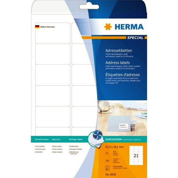 Herma etiketter - hvide p A4<br>63,5mmx38,1mm - 525 etiketter<br>Coated fotopapir